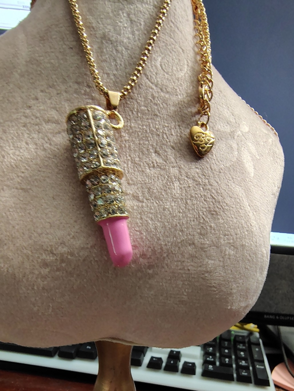Betsey Johnson Gold Crystal Lipstick Necklace with Pink Charm - Picture 1 of 4